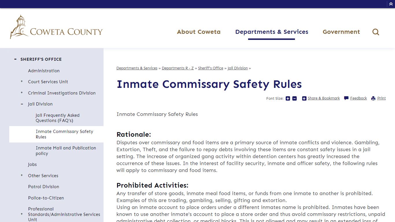 Inmate Commissary Safety Rules | Coweta County, GA Website